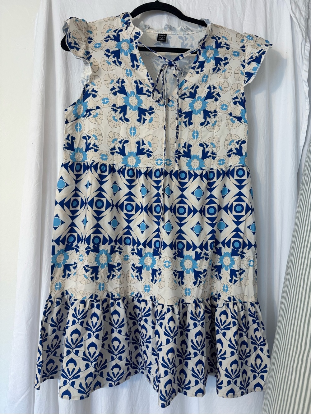 SHEIN ' Blue Floral & Geometric Tiered Dress - Lightweight Summer Style. So cool
